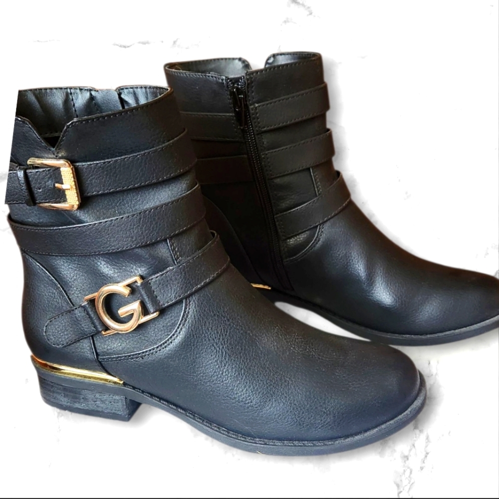 GBG Los Angeles Harlin Moto Combat  Black Ankle Boots with Gold Accents- Size 8M